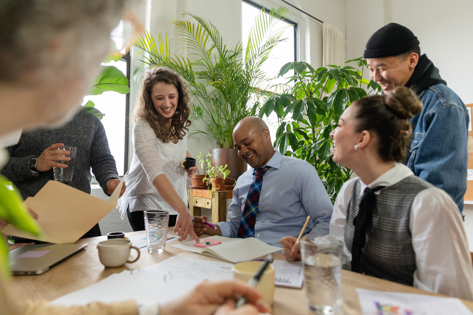 Team of people sat around a table with indoor plants in the background